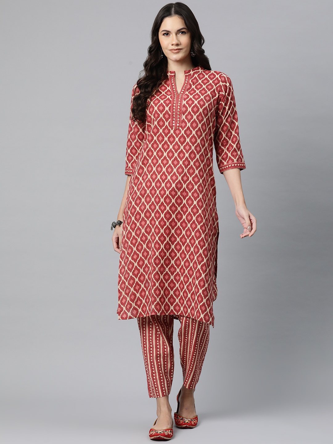 

Readiprint Printed Kantha Work Pure Cotton Kurta with Trousers, Red