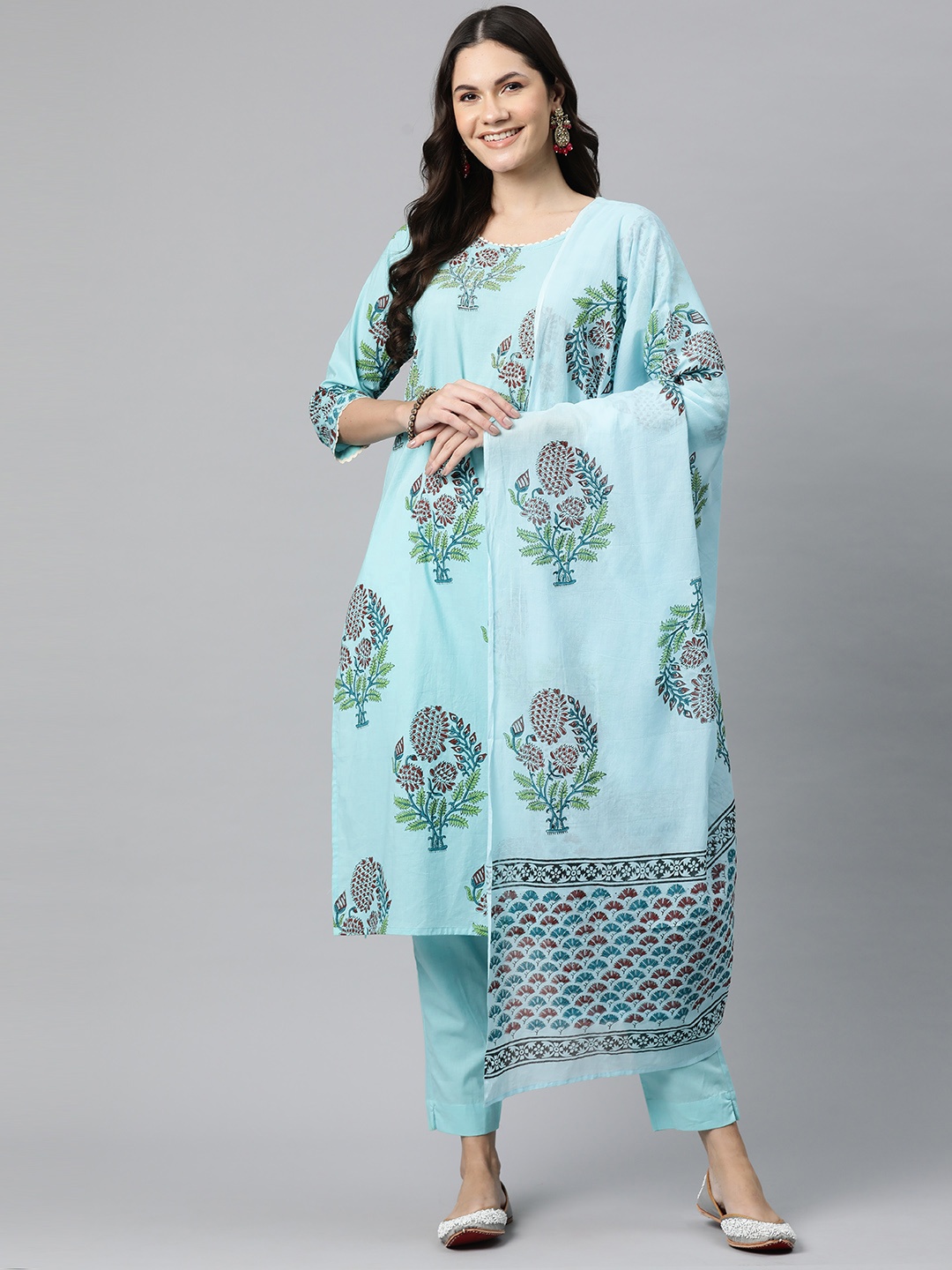 

Readiprint Ethnic Motifs Printed Sequinned Pure Cotton Kurta Set, Turquoise blue
