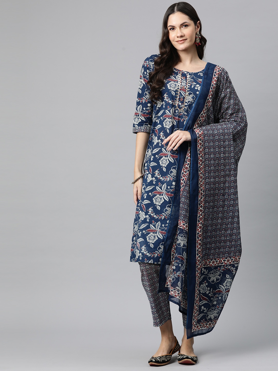 

Readiprint Floral Printed Mirror Work Pure Cotton Kurta with Trousers & Dupatta, Navy blue