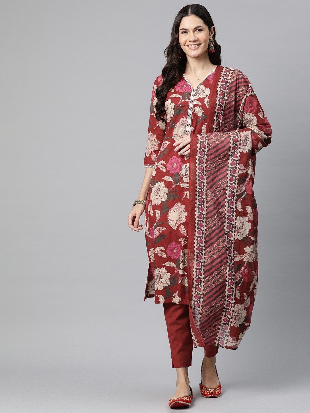 

Readiprint Fashions Floral Printed Pure Cotton Kurta with Trousers & Dupatta, Maroon