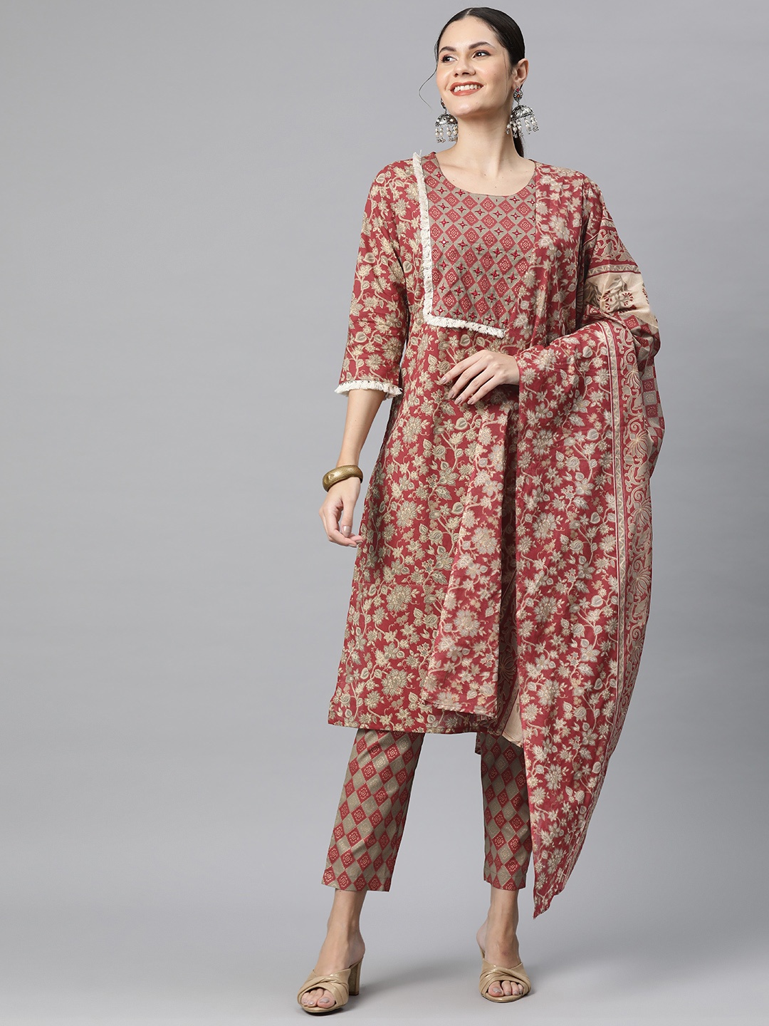 

Readiprint Floral Printed Mirror Work Pure Cotton Kurta with Trousers & Dupatta, Red
