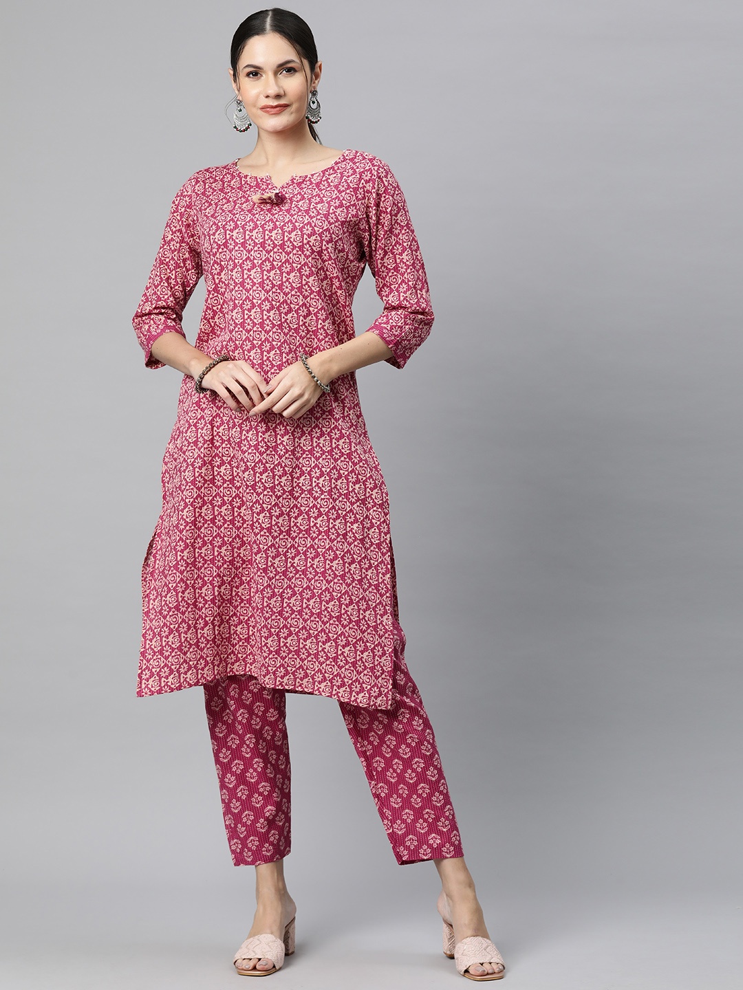 

Readiprint Fashions Ethnic Motifs Printed Kantha Work Pure Cotton Kurta with Trousers, Pink