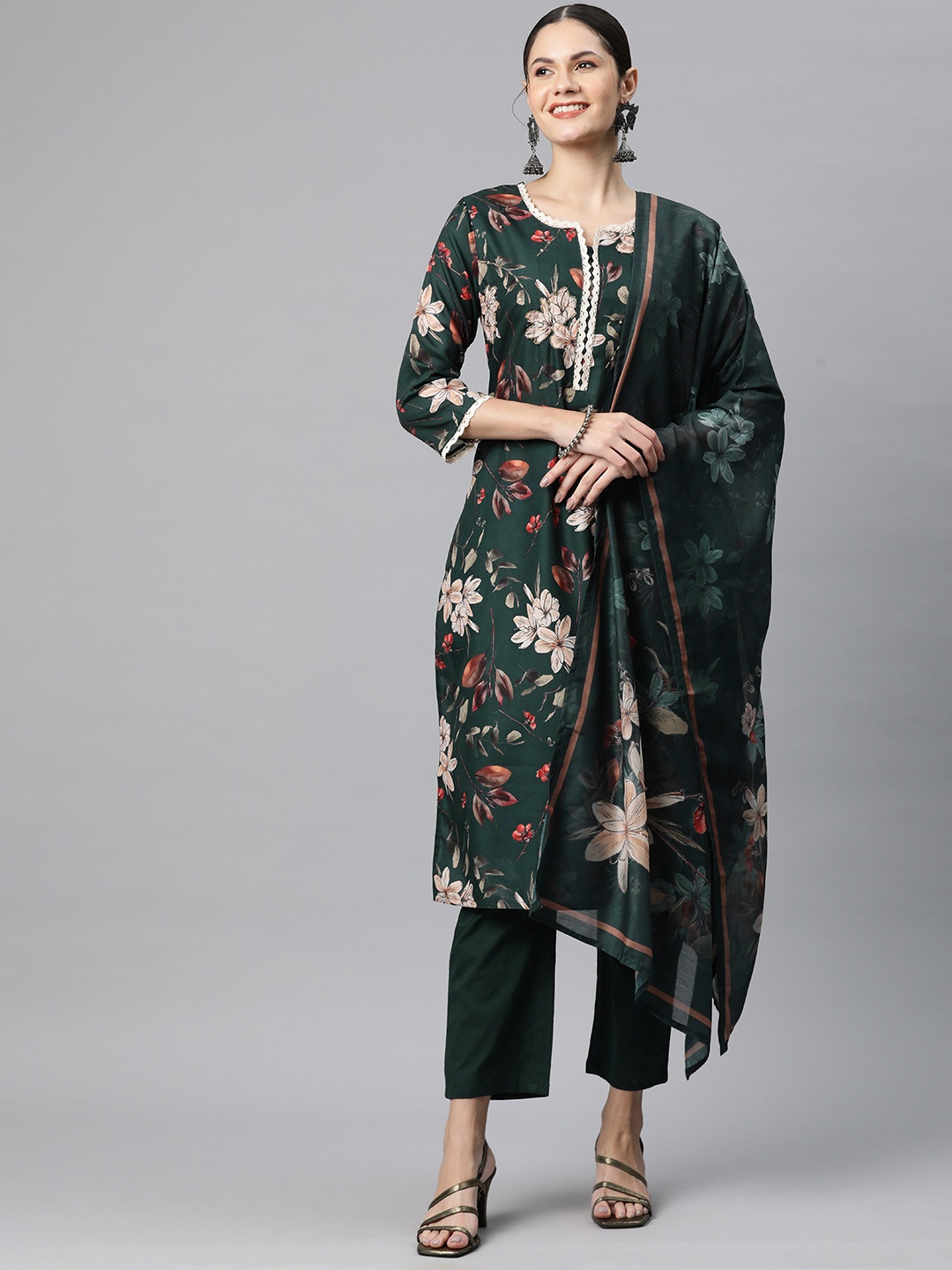 

Readiprint Floral Printed Sequinned Pure Cotton Kurta with Trousers & Dupatta, Green