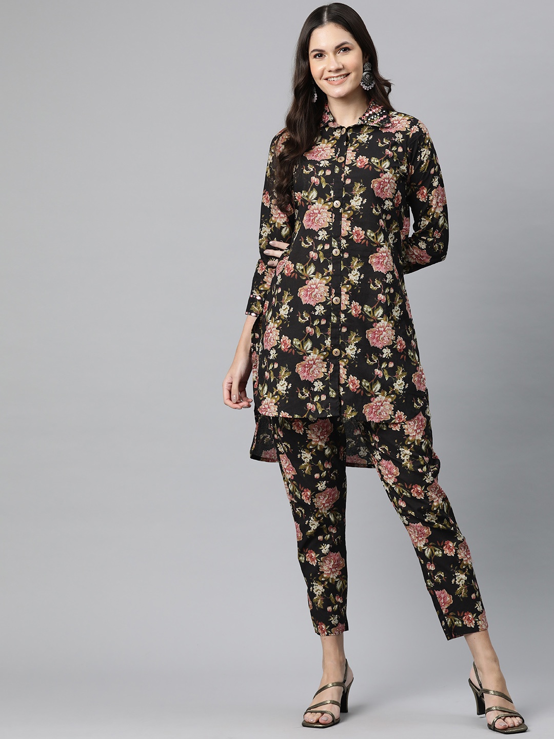 

Readiprint Floral Printed Mirror Work Pure Cotton Fusion Kurta with Trousers, Black