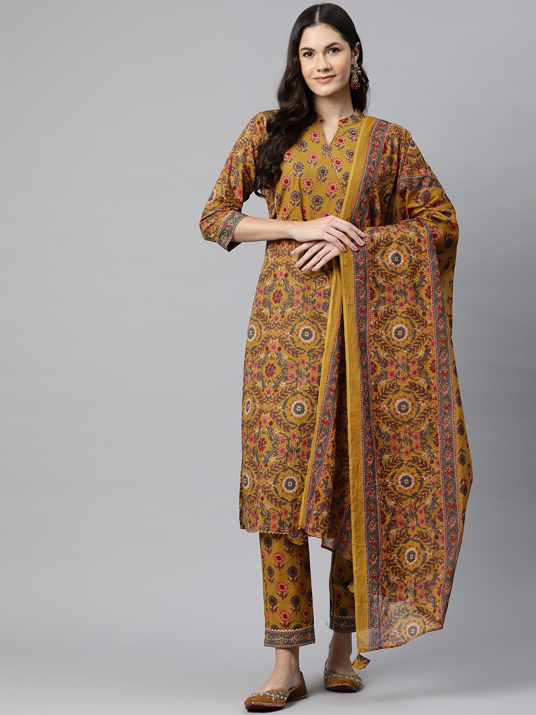 

Readiprint Fashions Floral Printed Mirror Work Pure Cotton Kurta with Trousers & Dupatta, Mustard