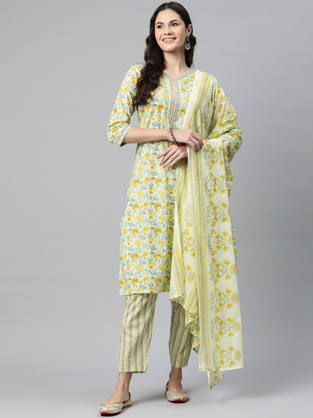 

Readiprint Floral Printed Pure Cotton Kurta with Trousers & Dupatta, Yellow