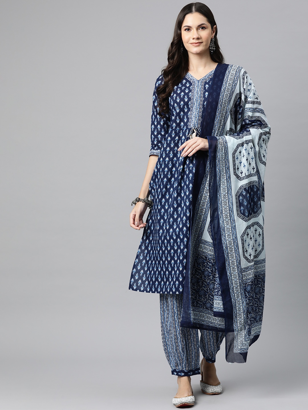 

Readiprint Ethnic Motifs Printed Pure Cotton Kurta with Salwar & Dupatta, Navy blue