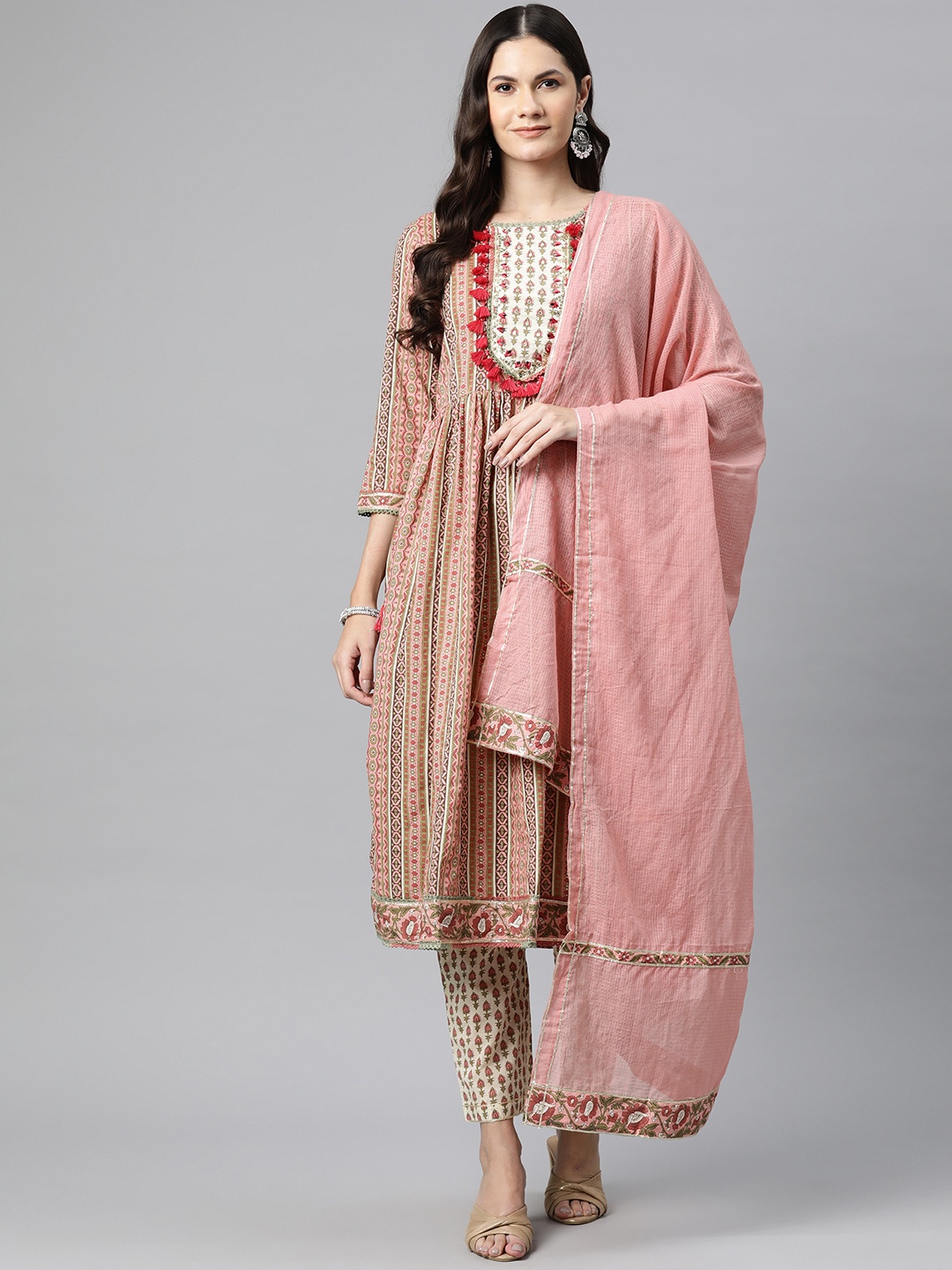 

Readiprint Ethnic Motifs Printed Pleated Mirror Work Pure Cotton Kurta Set, Pink