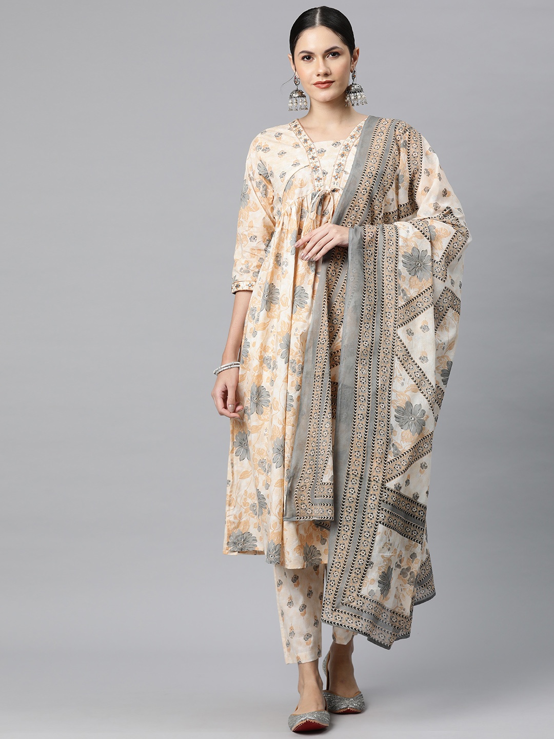 

Readiprint Floral Printed Empire Mirror Work Pure Cotton Kurta Set, Beige