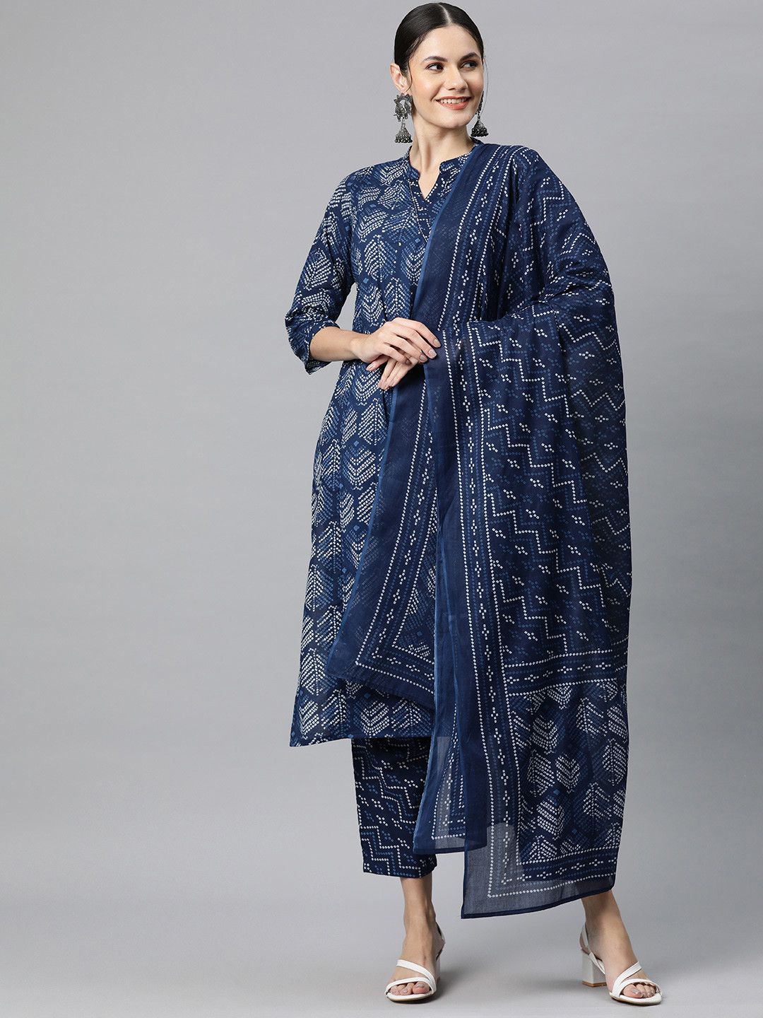 

Readiprint Bandhani Printed Sequinned Pure Cotton Kurta with Trousers & Dupatta, Navy blue