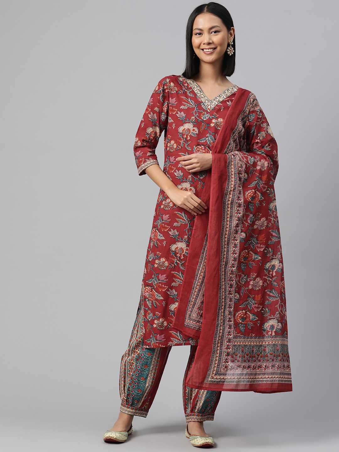 

Readiprint Floral Printed Sequinned Pure Cotton Kurta with Salwar & Dupatta, Red
