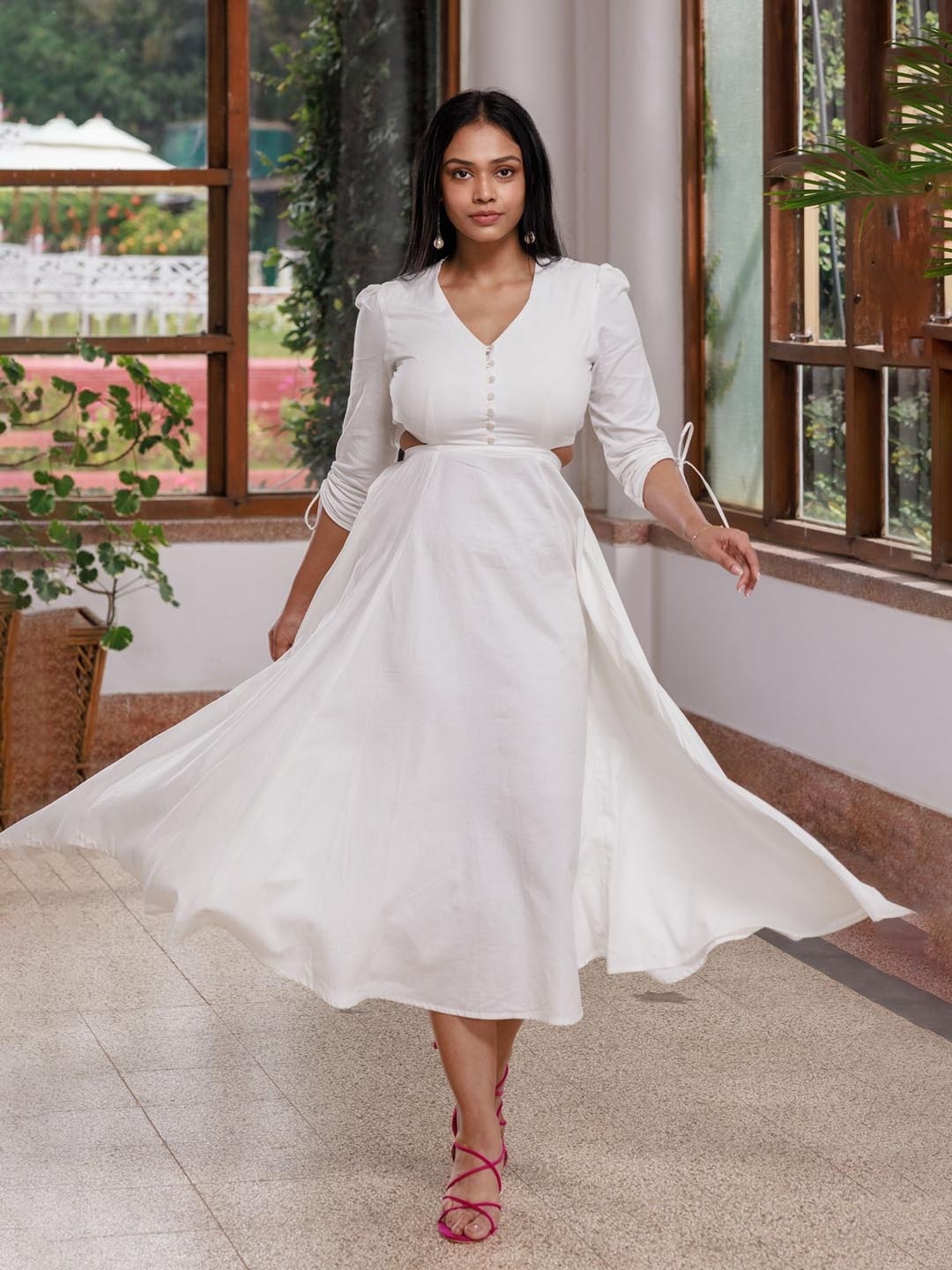 

Wellbi V-Neck Long Sleeves Cut-Outs Cotton Midi Dress, White