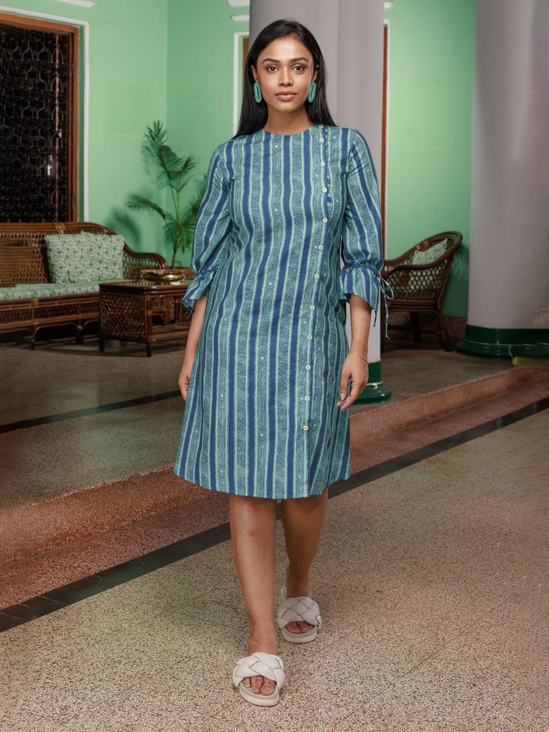 

Wellbi Striped Round Neck Bell Sleeves Cotton Above Knee A-line Dress, Blue