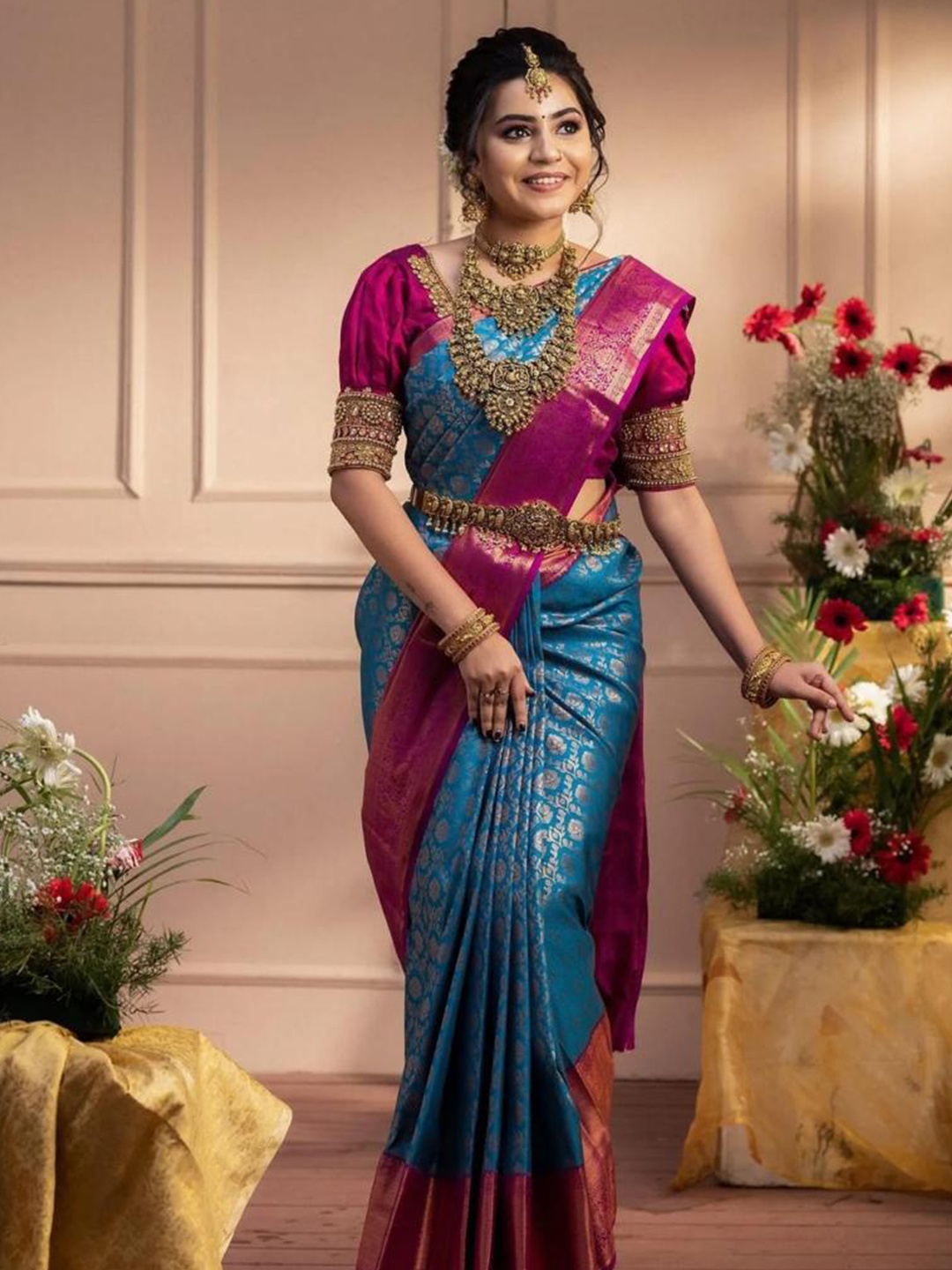 

Visit Wear Ethnic Motifs Woven Design Zari Art Silk Kanjeevaram Saree, Blue