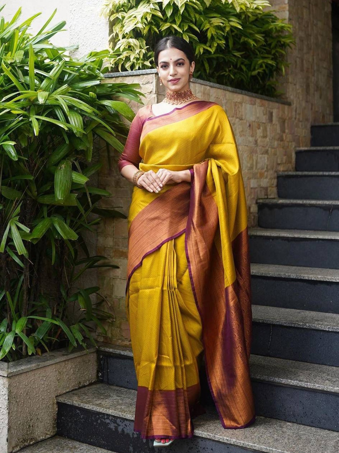 

Visit Wear Yellow and Purple Art Silk Banarasi Saree