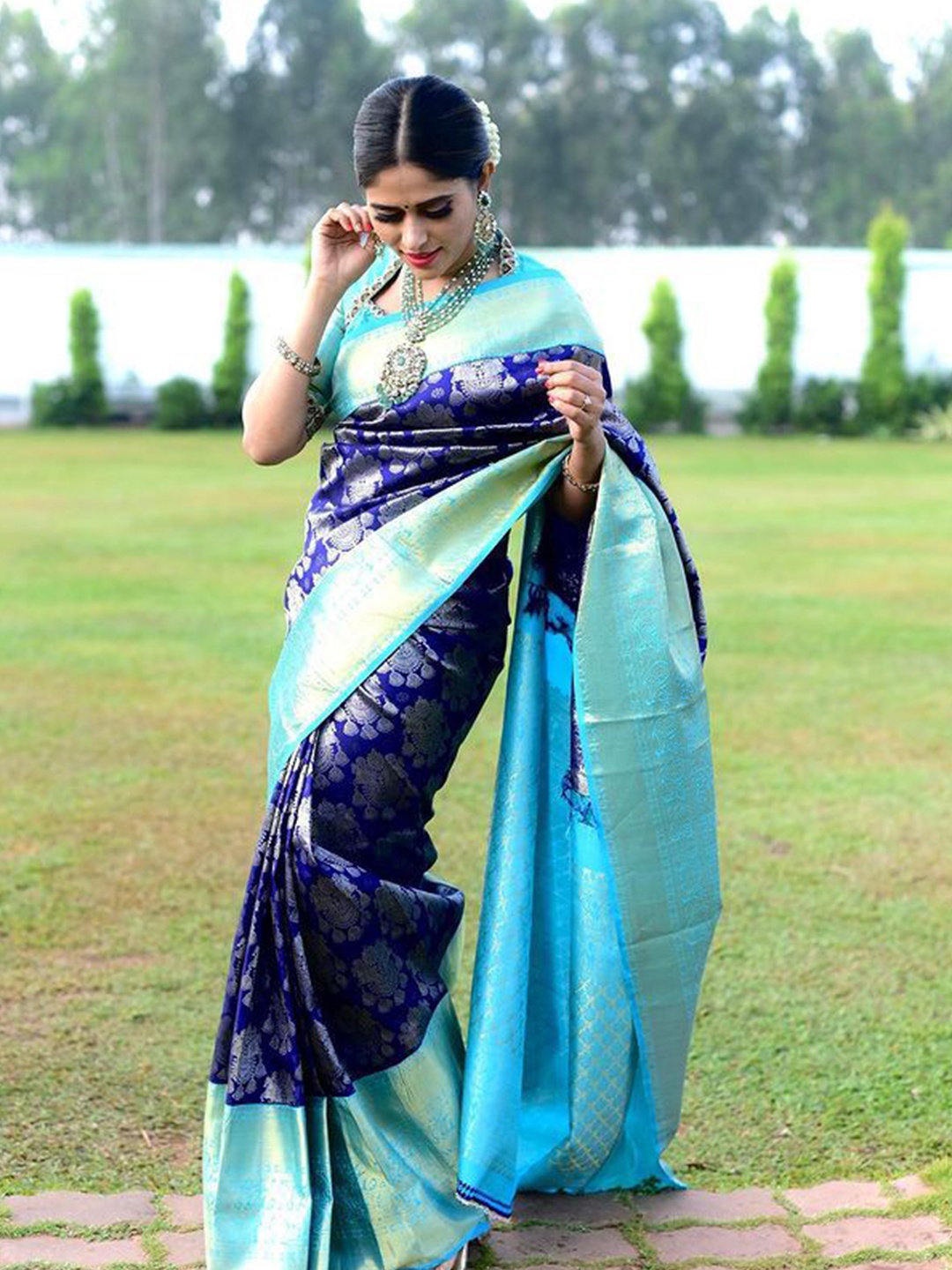 

Visit Wear Ethnic Motifs Woven Design Zari Art Silk Kanjeevaram Saree, Blue