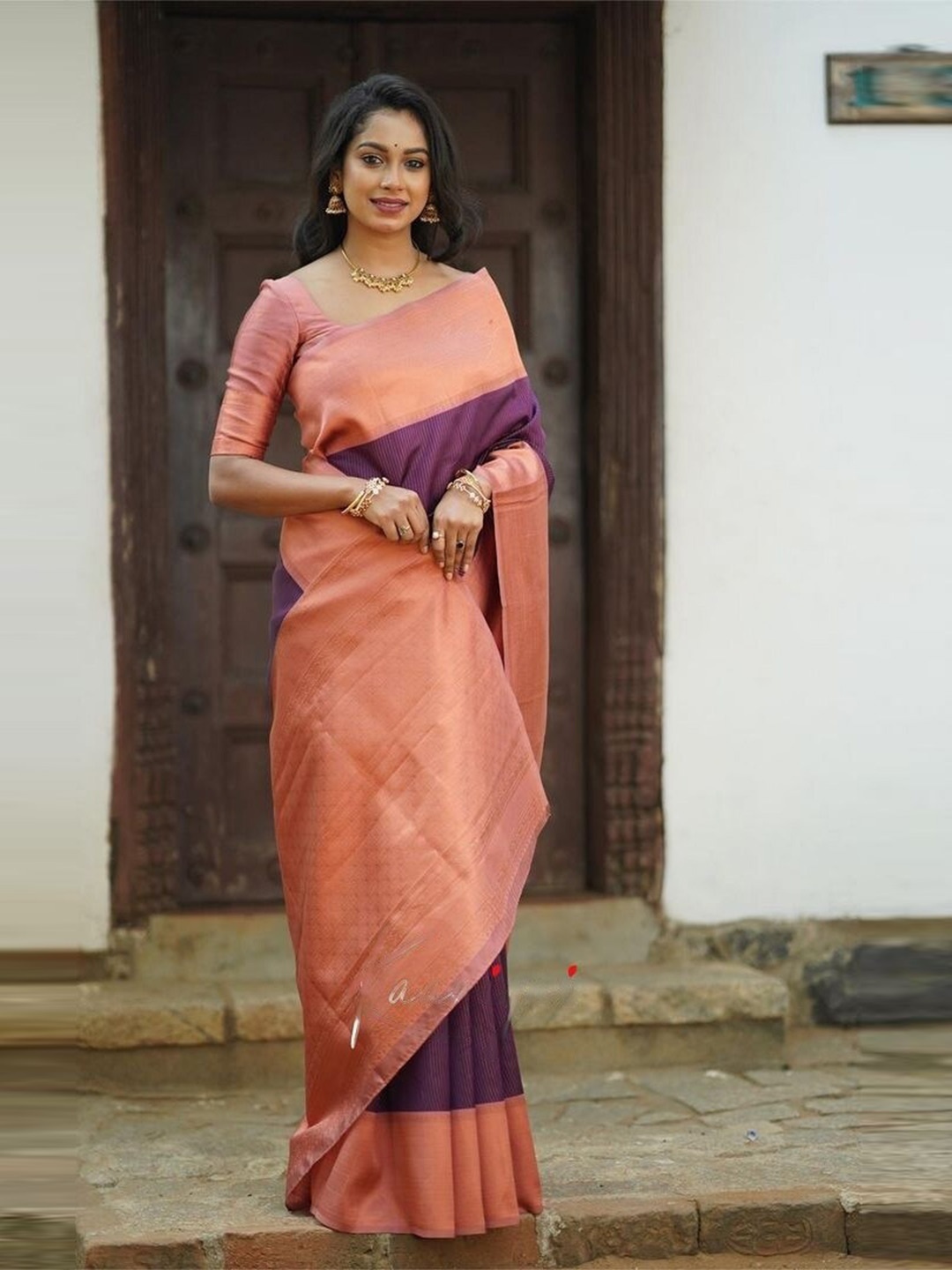 

Visit Wear Striped Zari Art Silk Banarasi Saree, Purple