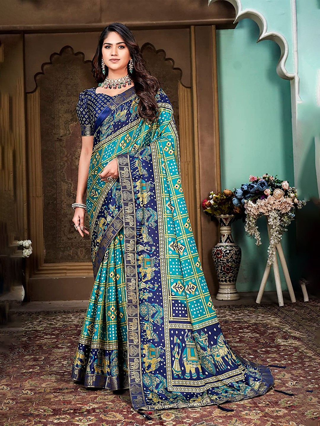 

KALINI Floral Woven Design Zari Silk Cotton Banarasi Saree, Turquoise blue