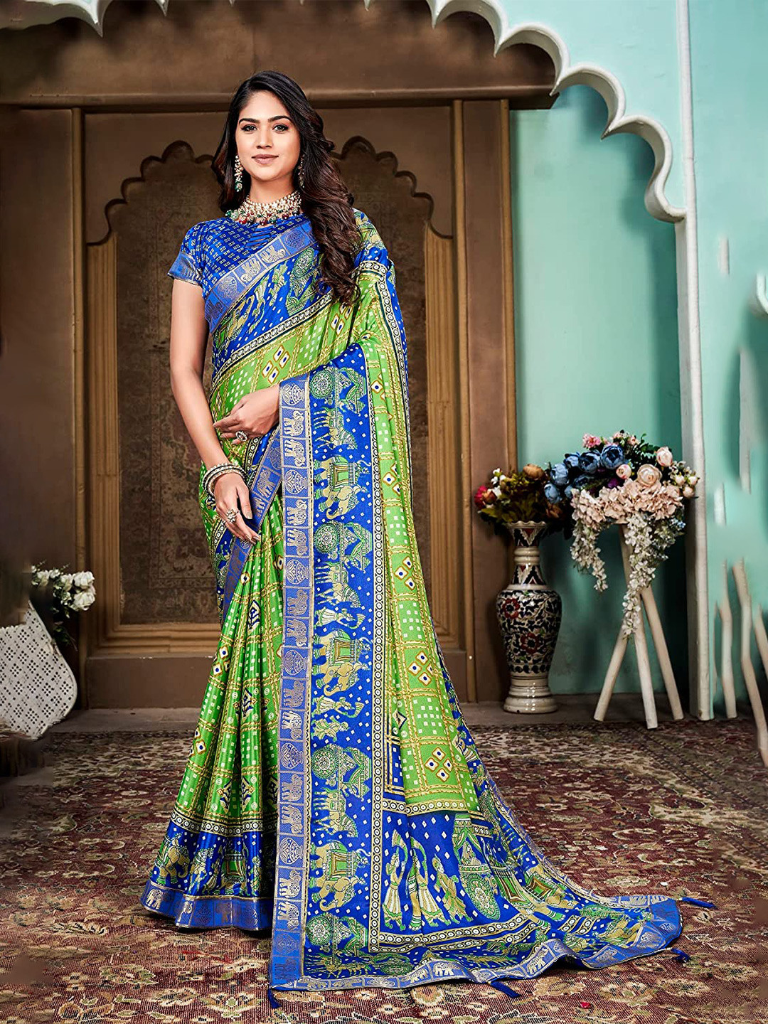

KALINI Floral Woven Design Zari Silk Cotton Banarasi Saree, Green