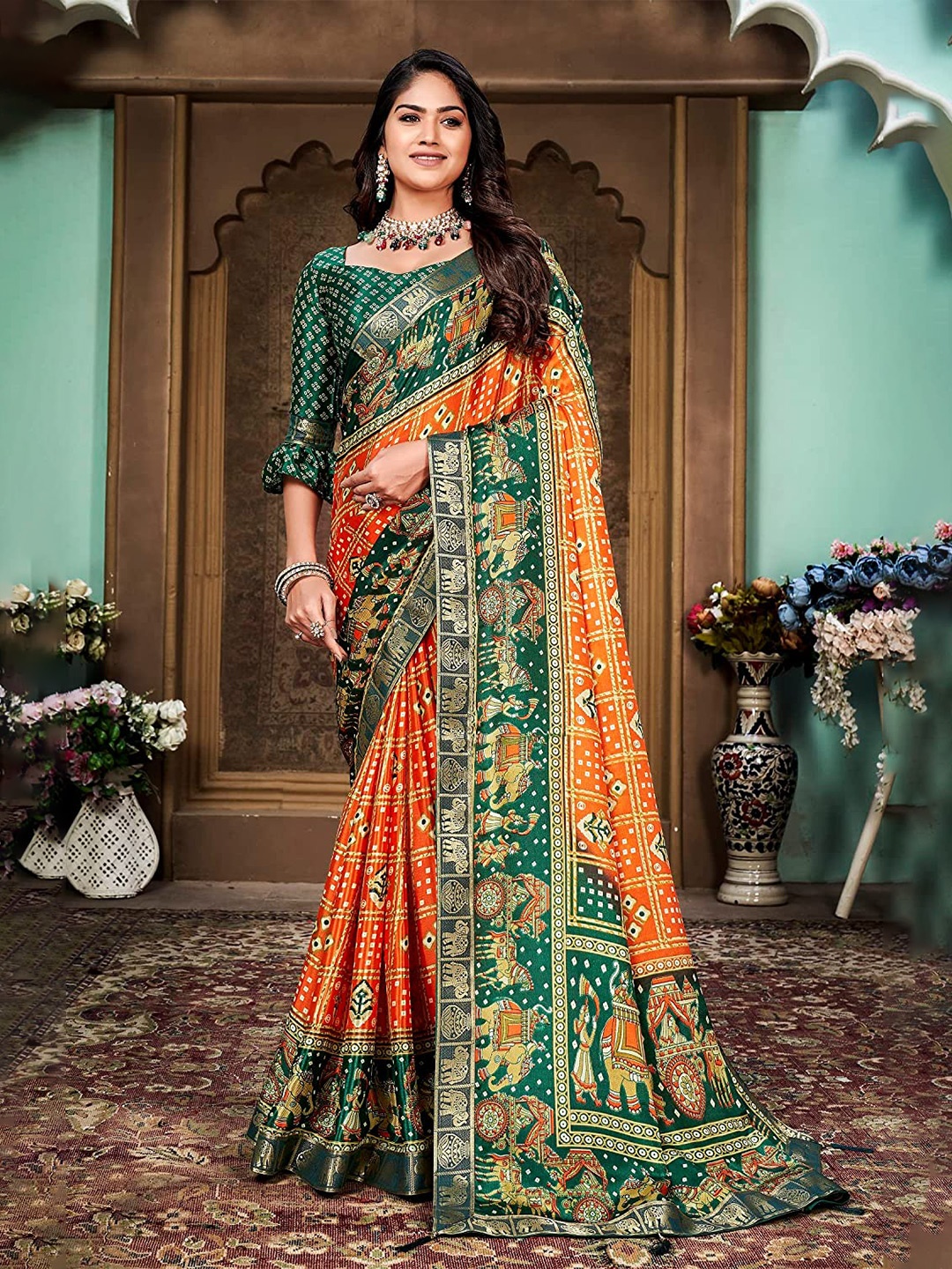 

KALINI Ethnic Motifs Woven Design Zari Silk Cotton Banarasi Saree, Orange