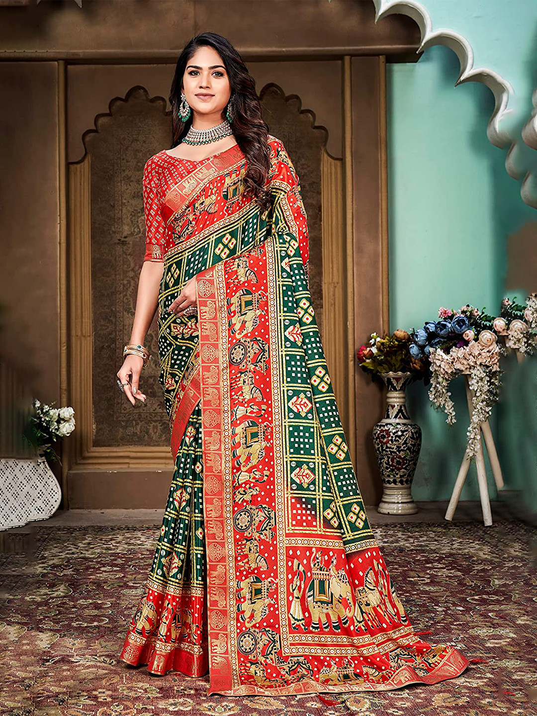 

KALINI Ethnic Motifs Woven Design Zari Silk Cotton Banarasi Saree, Green