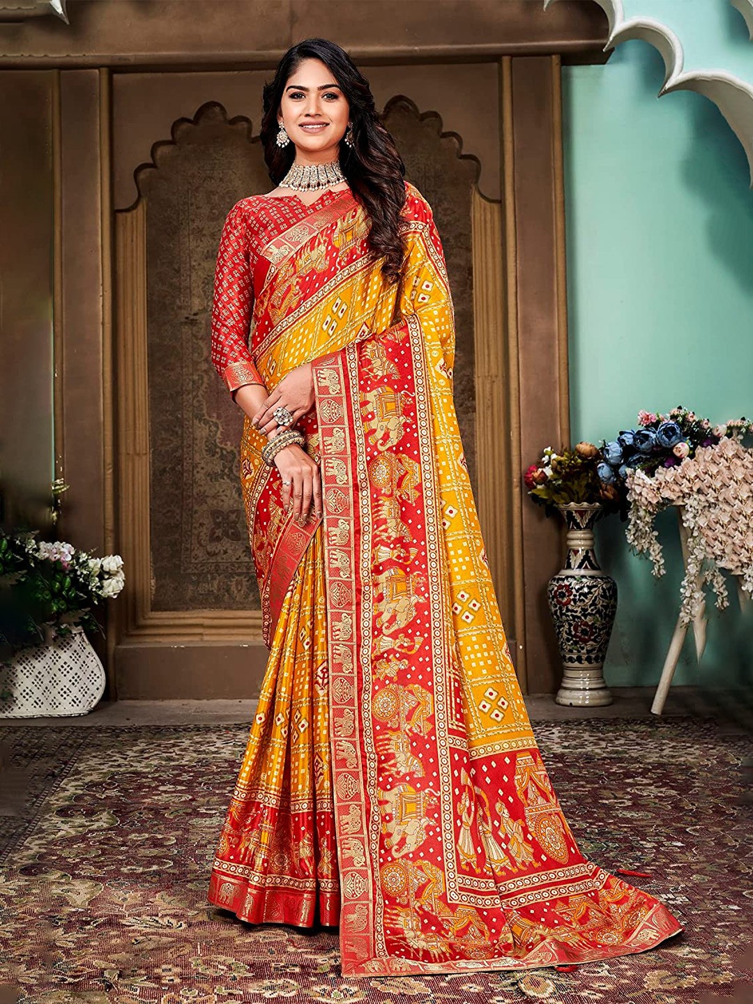 

KALINI Floral Woven Design Zari Silk Cotton Banarasi Saree, Yellow