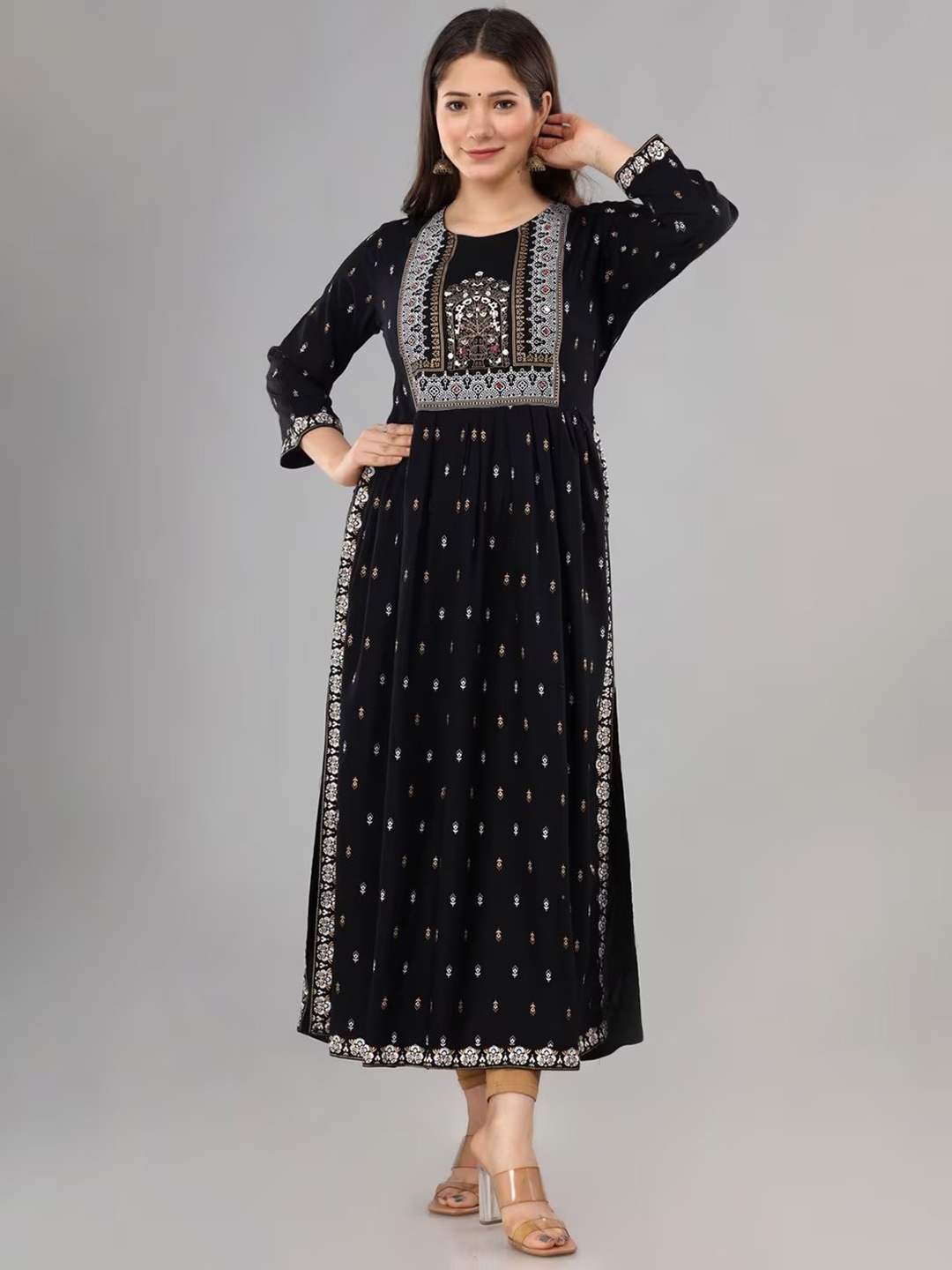

BRASK INDIA Floral Printed Pleated A-Line Kurta, Black