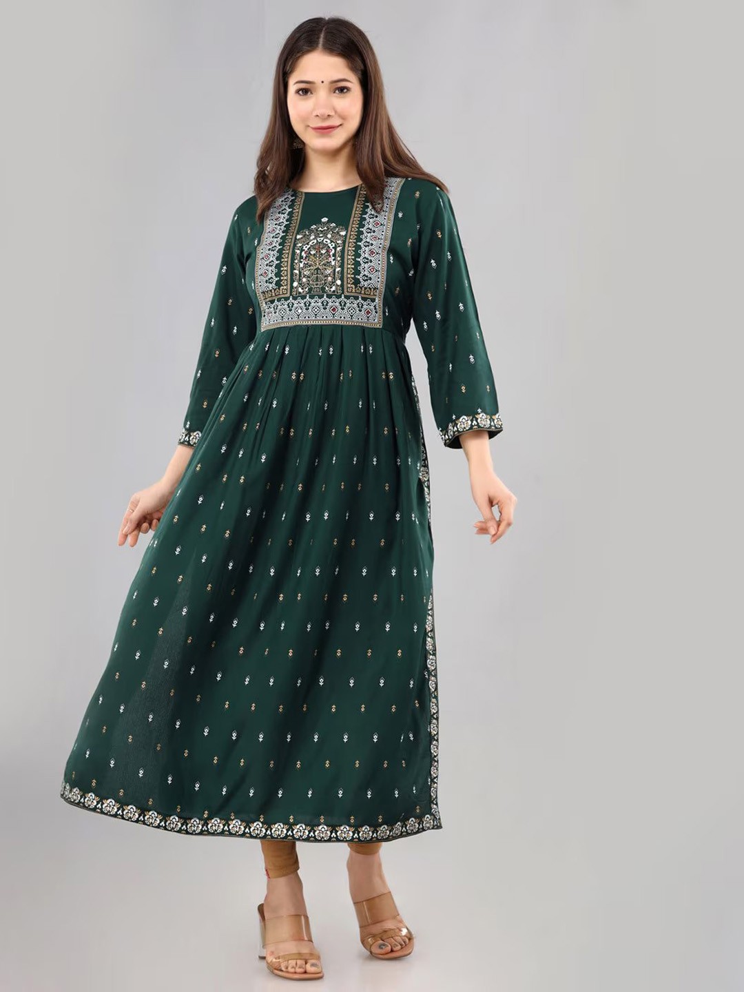

BRASK INDIA Floral Printed Pleated A-Line Kurta, Green