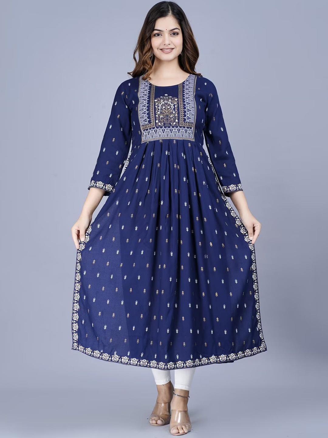 

BRASK INDIA Floral Printed Pleated A-Line Kurta, Blue