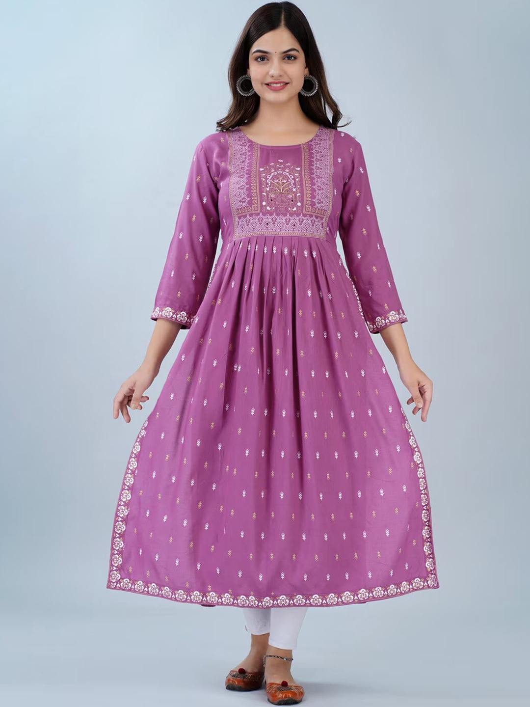 

BRASK INDIA Ethnic Motifs Printed Round Neck Anarkali Kurta, Pink