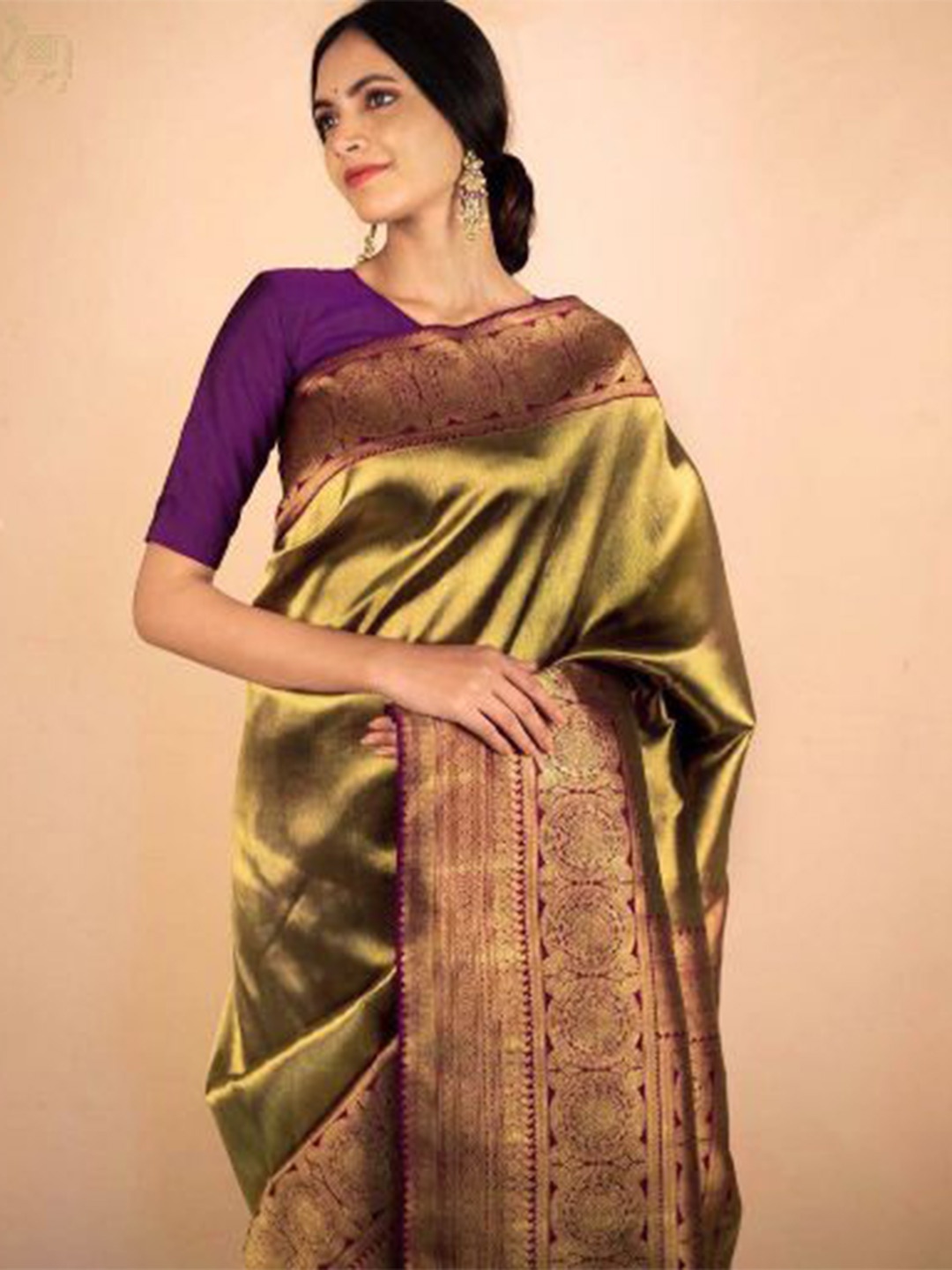 

Visit Wear Woven Design Art Silk Kanjeevaram Saree, Olive
