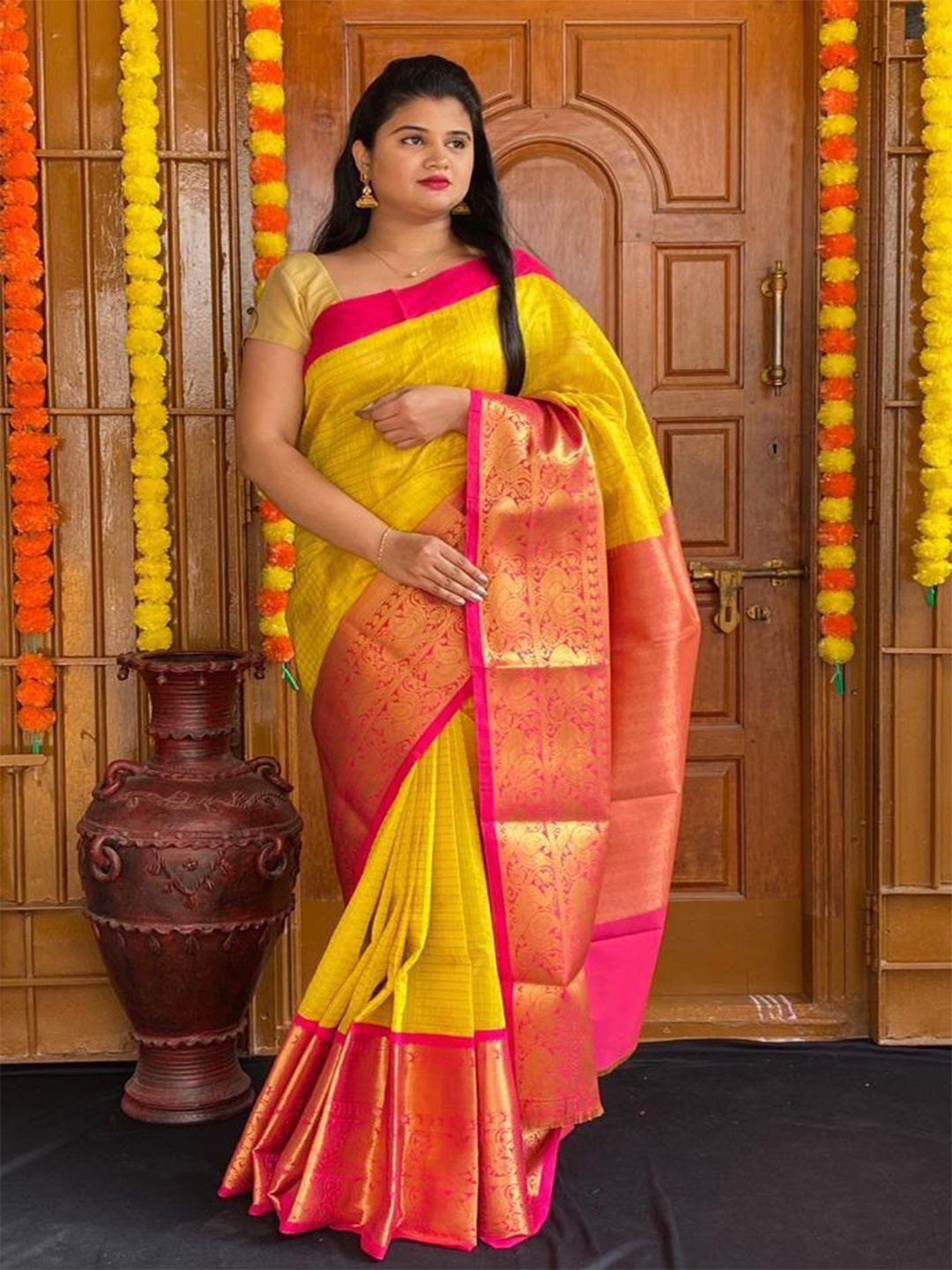 

Visit Wear Striped Zari Art Silk Kanjeevaram Saree, Yellow