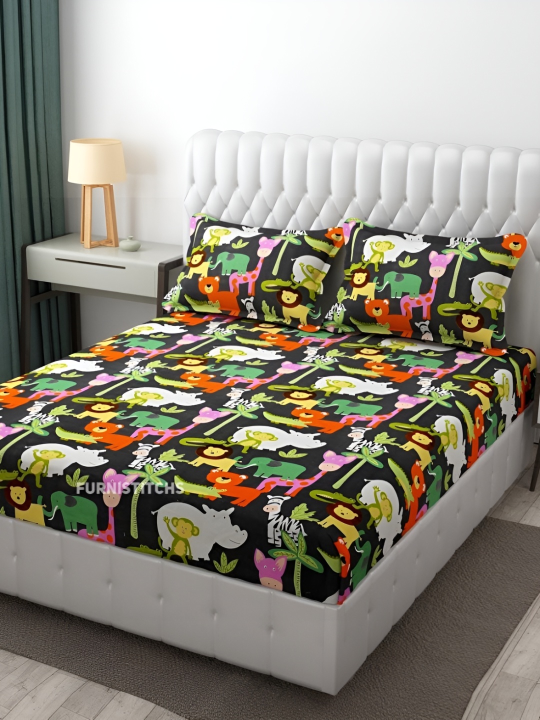 

Furnistitchs Green & Orange Printed Fitted 300 TC King Bedsheet With 2 Pillow Covers