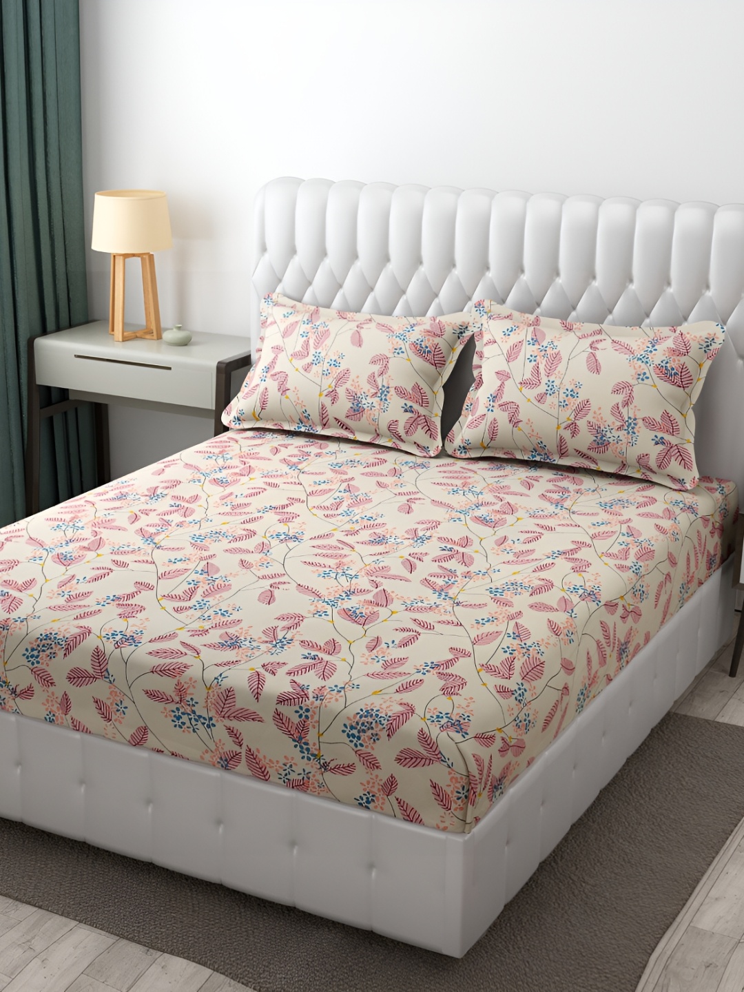 

Furnistitchs Beige & Pink Floral Printed Fitted 300 TC King Bedsheet With 2 Pillow Covers
