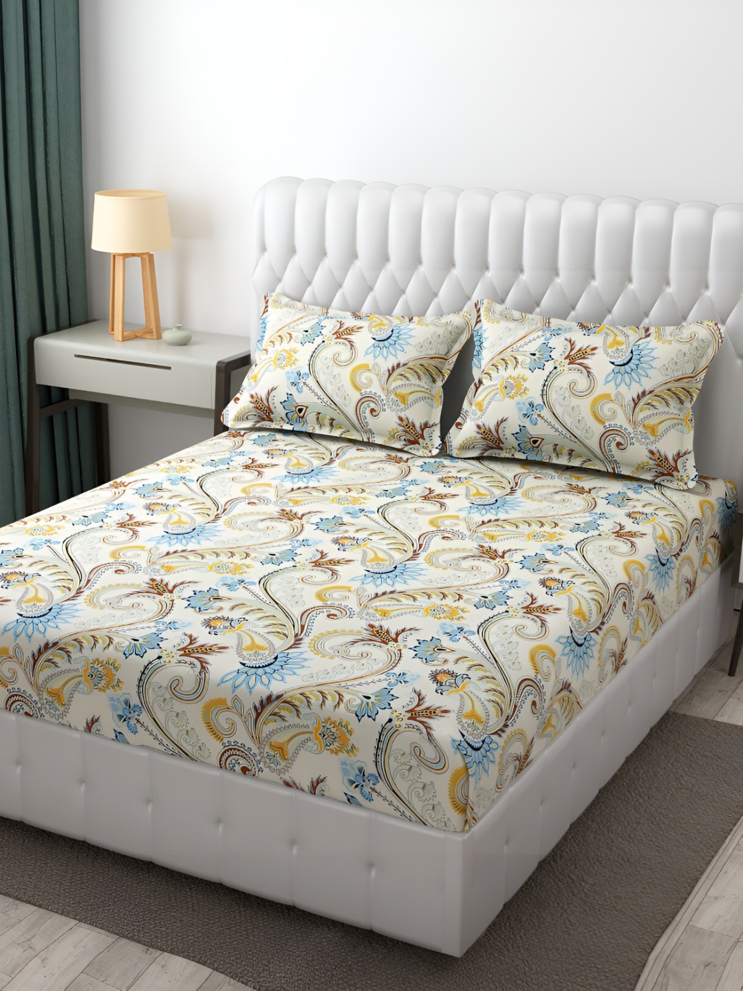

Furnistitchs White & Blue Printed Fitted 300 TC King Bedsheet With 2 Pillow Covers