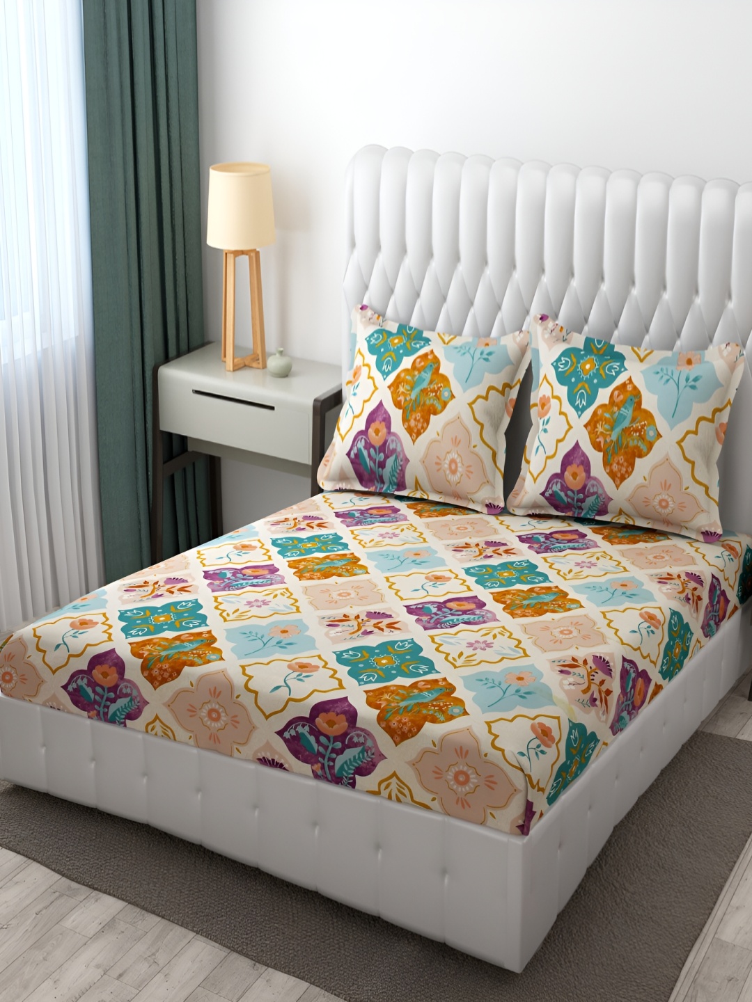 

Furnistitchs Green & Brown Floral 300 TC King Bedsheet with 2 Pillow Covers