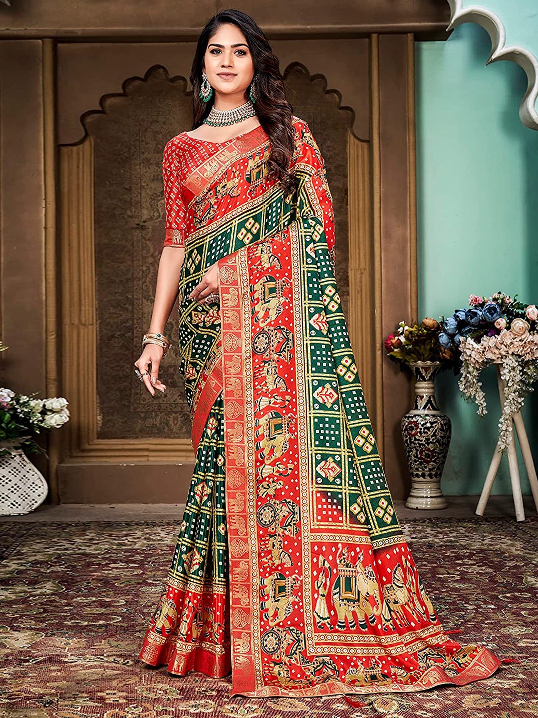 

Mitera Green Ethnic Motif Printed Zari Silk Cotton Banarasi Saree