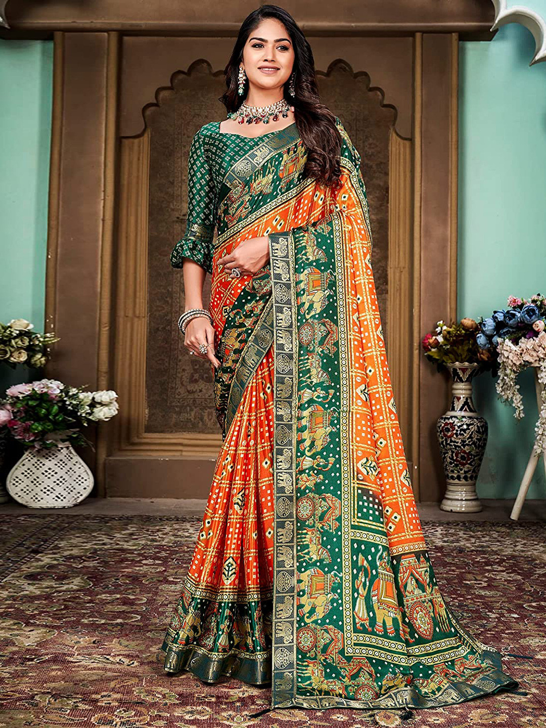 

Mitera Orange Bandhani Printed Silk Cotton Banarasi Saree