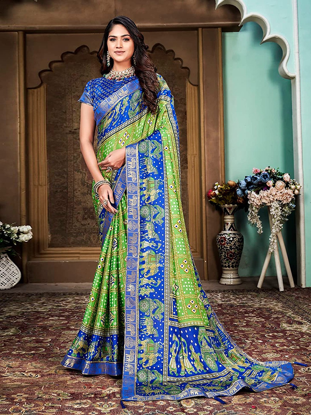 

Mitera Silk Cotton Banarasi Saree, Green