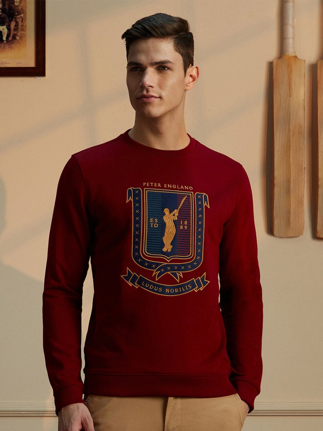 

Peter England Casuals Graphic Embroidered Long Sleeves Pullover Sweatshirt, Maroon