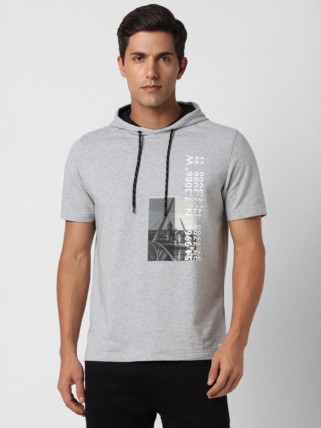 

Peter England Casuals Graphic Printed Hooded Sweatshirt, Grey