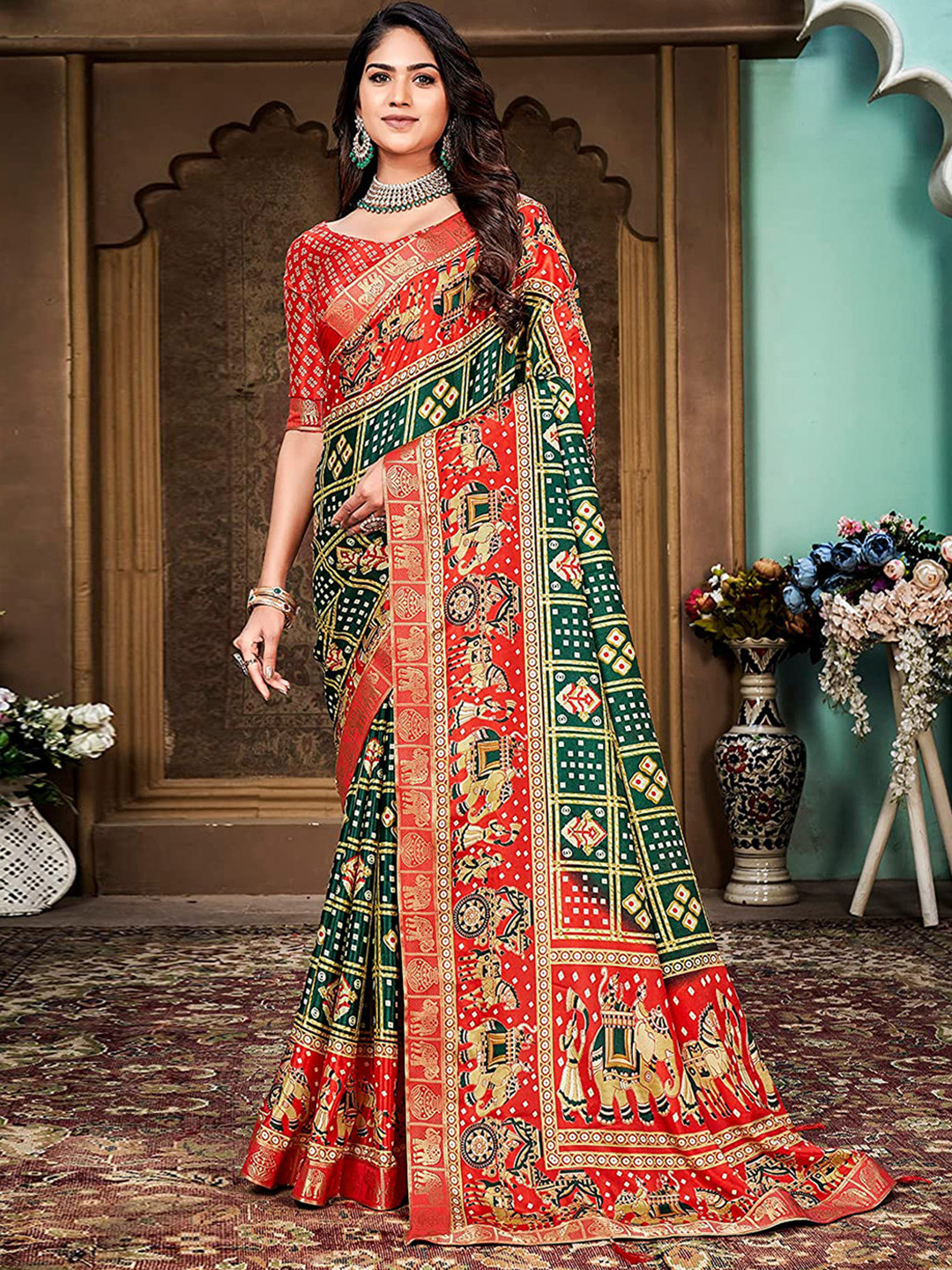 

Grubstaker Silk Cotton Banarasi Saree, Green
