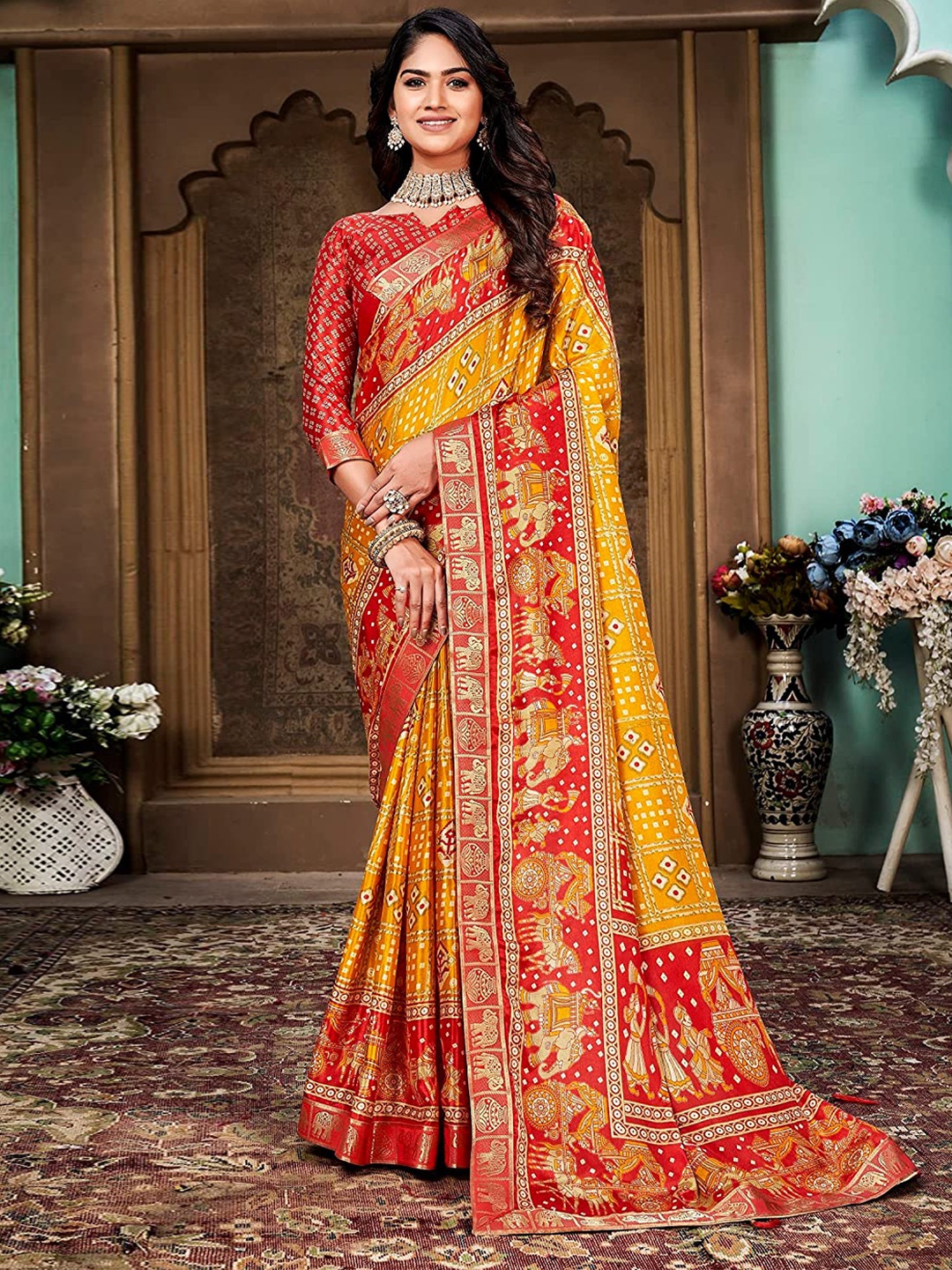 

Grubstaker Bandhani Printed Zari Silk Cotton Banarasi Saree, Yellow