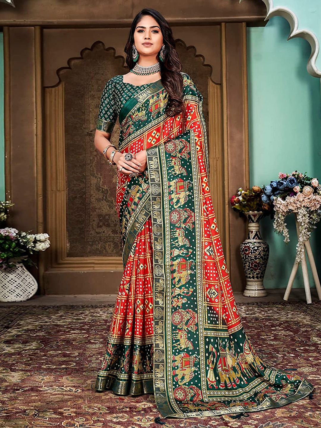 

Grubstaker Bandhani Printed Zari Silk Cotton Banarasi Saree, Red