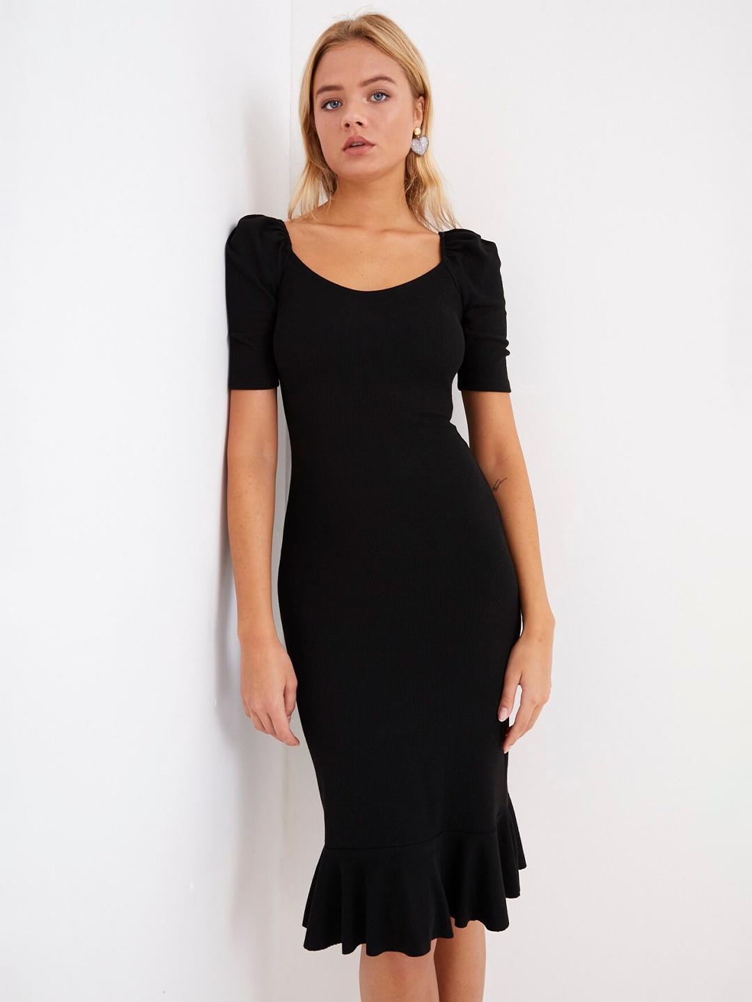 

Cool & Sexy Puff Sleeves Tiered Sheath Dress, Black