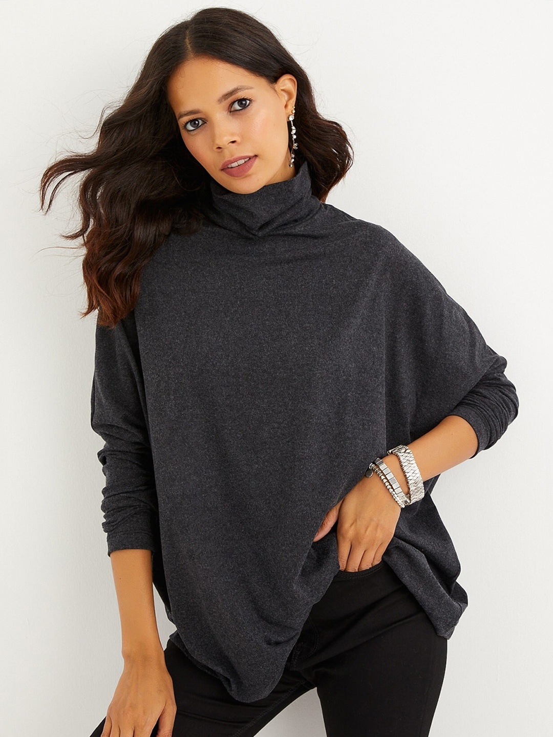 

Cool & Sexy High Neck Batwing Sleeve Top, Grey