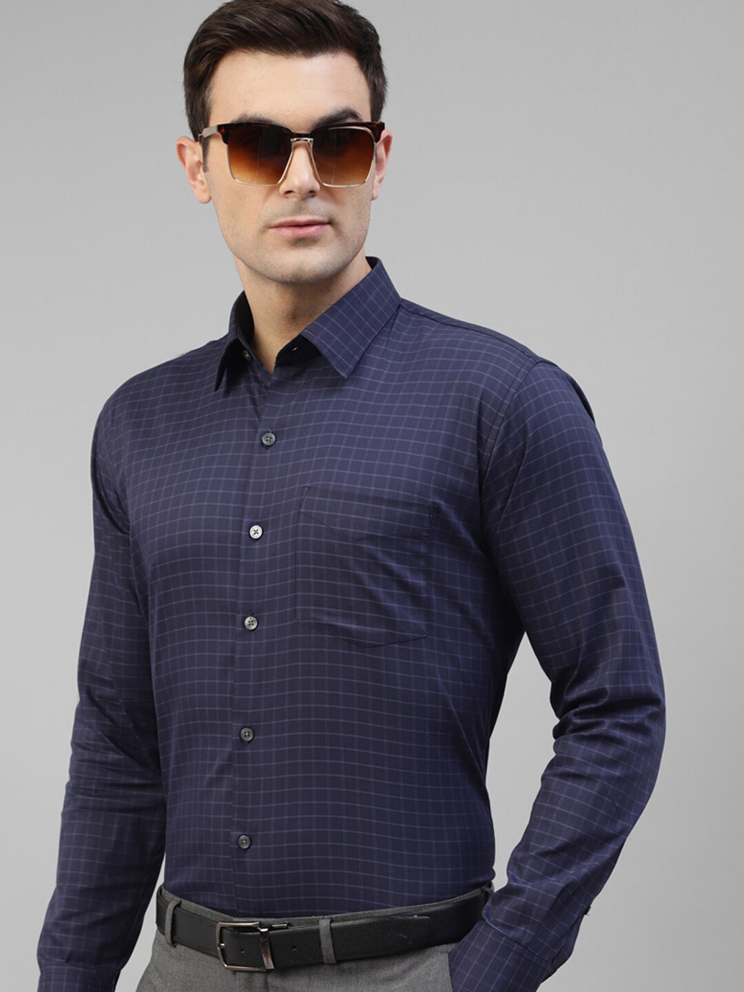 

Hancock Original Slim Fit Grid Tattersall Checks Cotton Formal Shirt, Navy blue