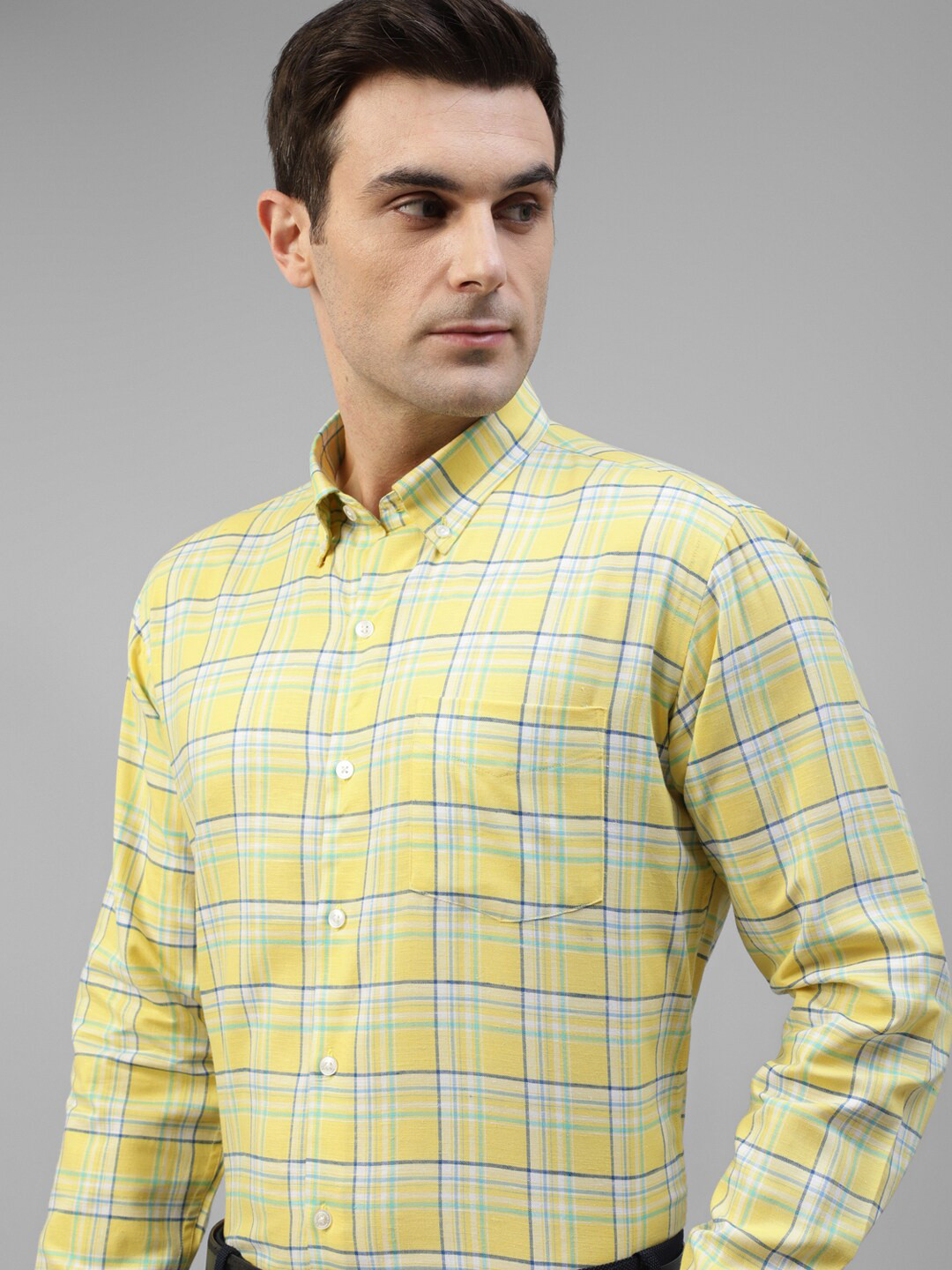 

Hancock Original Slim Fit Windowpane Checked Button-Down Collar Linen Formal Shirt, Yellow