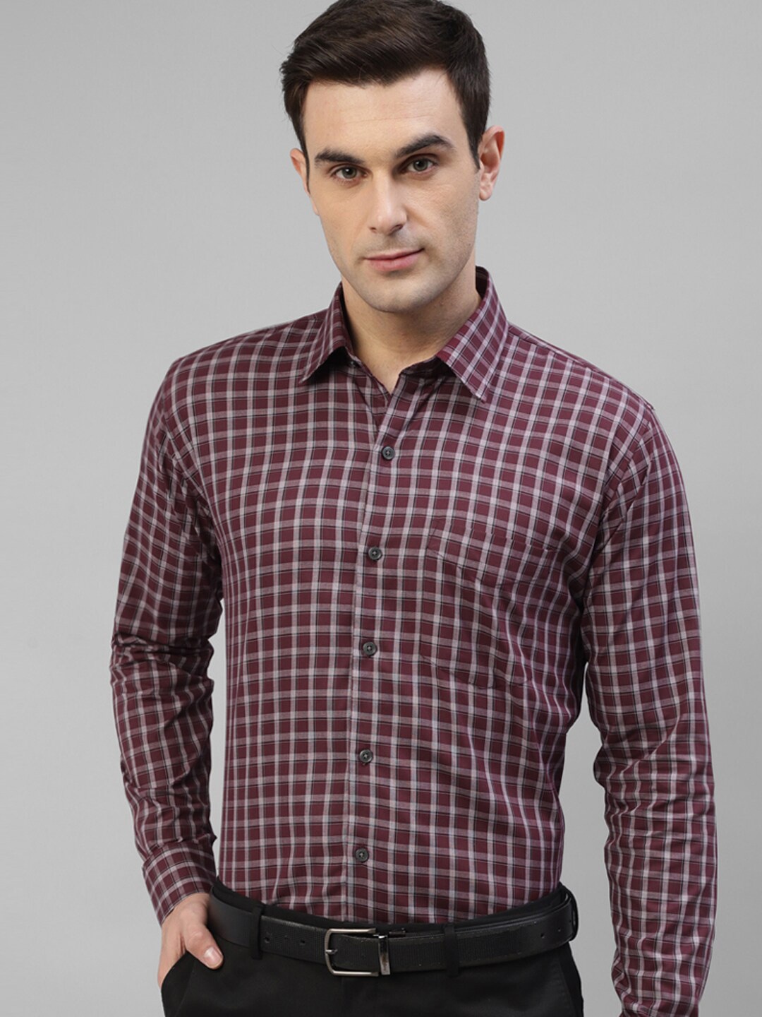 

Hancock Original Slim Fit Windowpane Checked Cotton Formal Shirt, Maroon