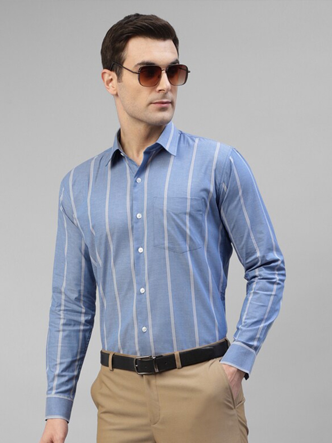 

Hancock Original Slim Fit Vertical Striped Oxford Weave Pure Cotton Formal Shirt, Blue